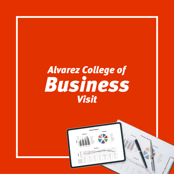 Alvarez College of Business Visit with tablet and charts in graphic