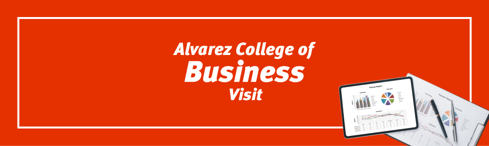 Alvarez College of Business Visit with tablet and charts in graphic