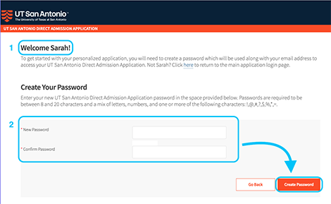 Steps 1 and 2: Image of the direct admission application page where you create your password.
