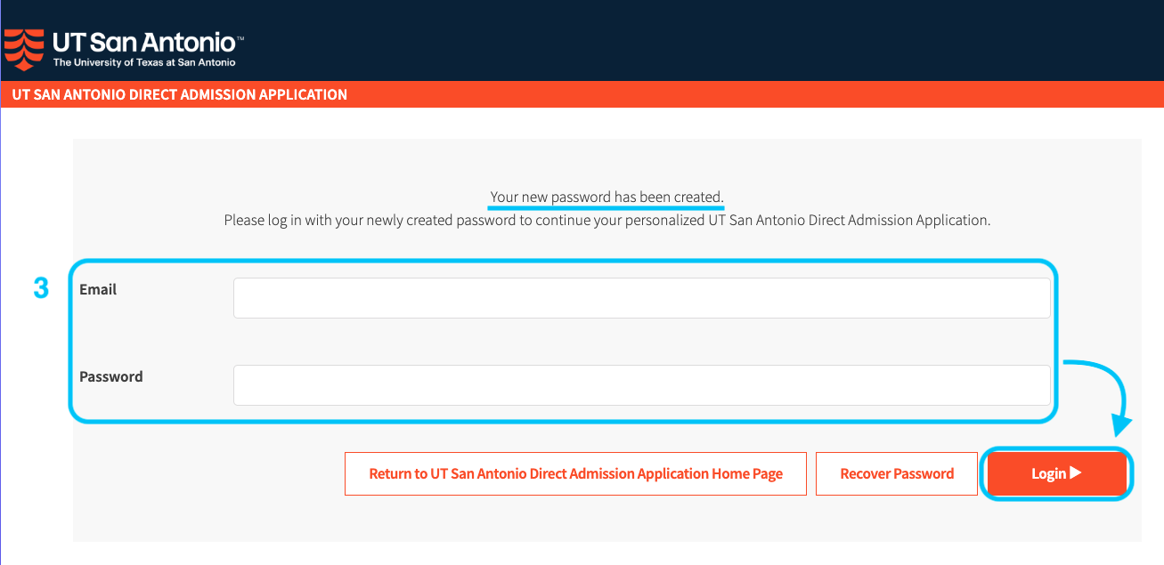 Step 3: Image of the direct admission application page where you login.
