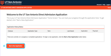 Step 4: Image of the direct admission application homepage where you start the application.
