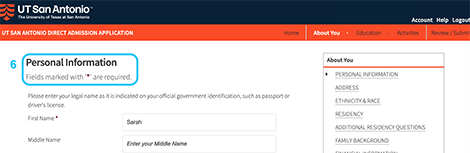 Step 6: Image of the direct admission application page where you fill out personal information.