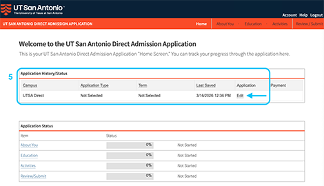 Step 5: Image of the direct admission application homepage where you edit application to continuing with completing it.