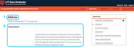 Steps 6 and 7: Image of the direct admission application page where you update your address and email address.