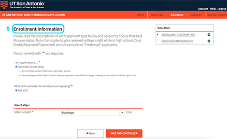 Step 8: Image of the direct admission application page where you complete enrollment information.