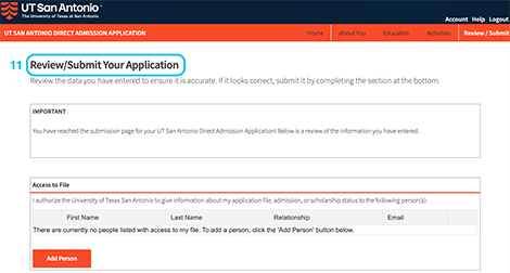 Step 10: Image of the direct admission application page where you review and submit your application.