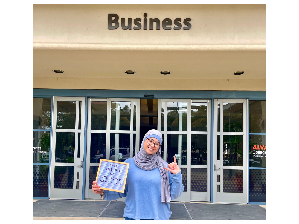 Farah Hamed outside UT San Antonio Main Campus Business Building.