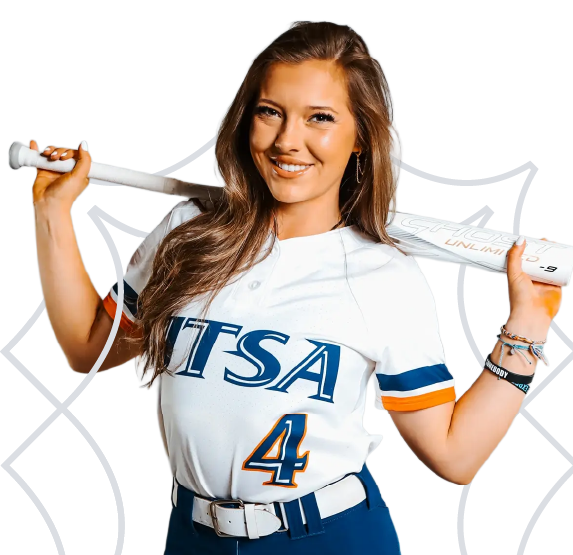 Lindsey Davis in UTSA softball uniform with her bat stretched over her shoulders