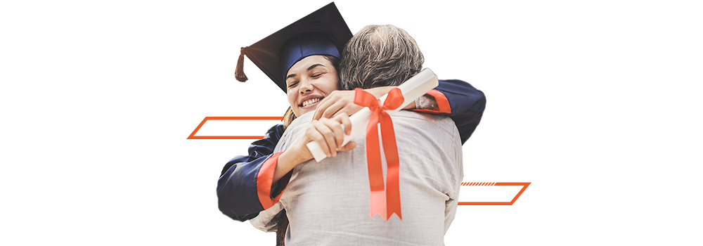 Graduating student and loved one embracing with diploma in hand