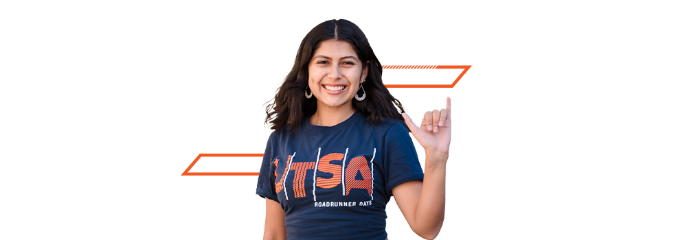UTSA student holding up roadrunner hand sign