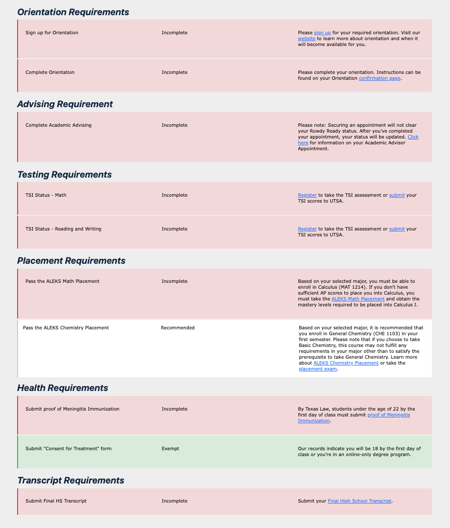 myUTSA Admissions portal