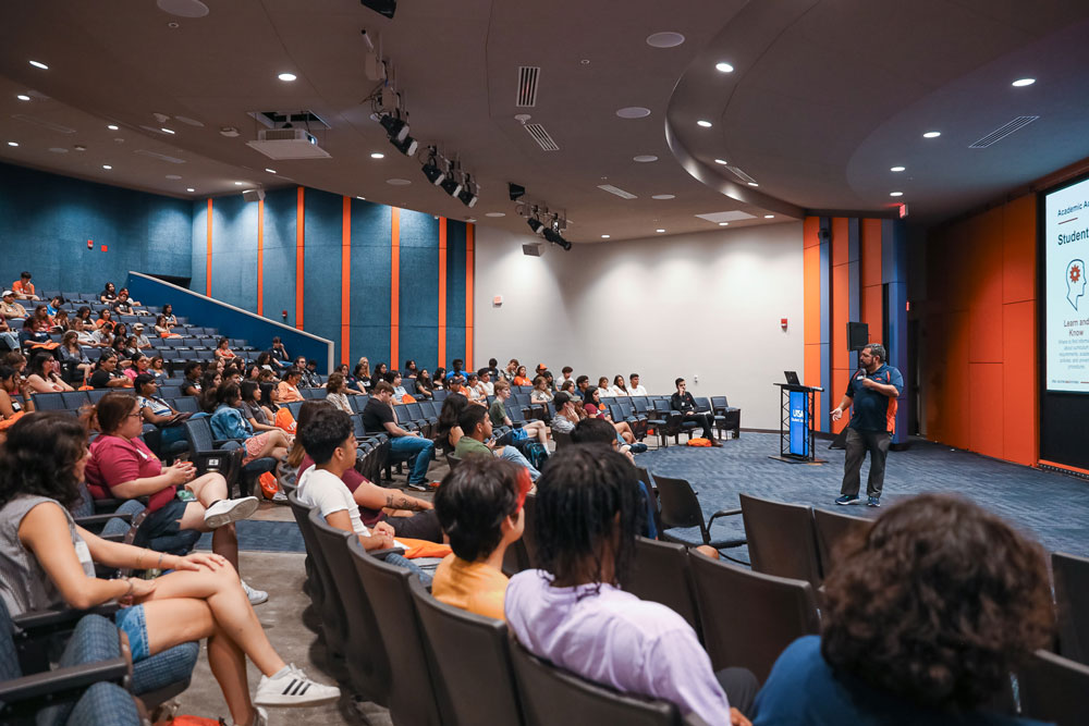 UTSA Faimly Orientation session in an auditorium