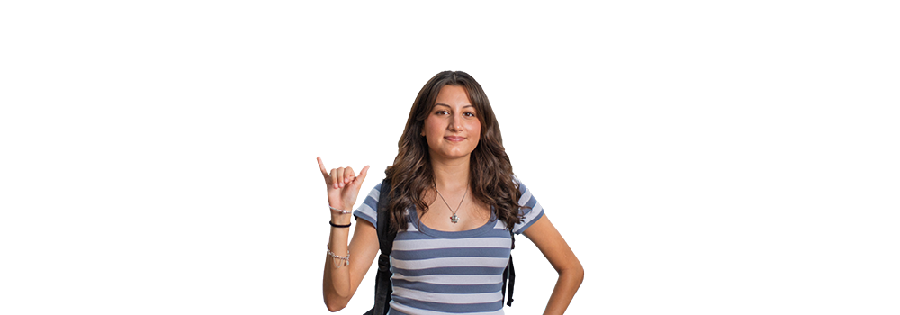 freshman student with birds up sign