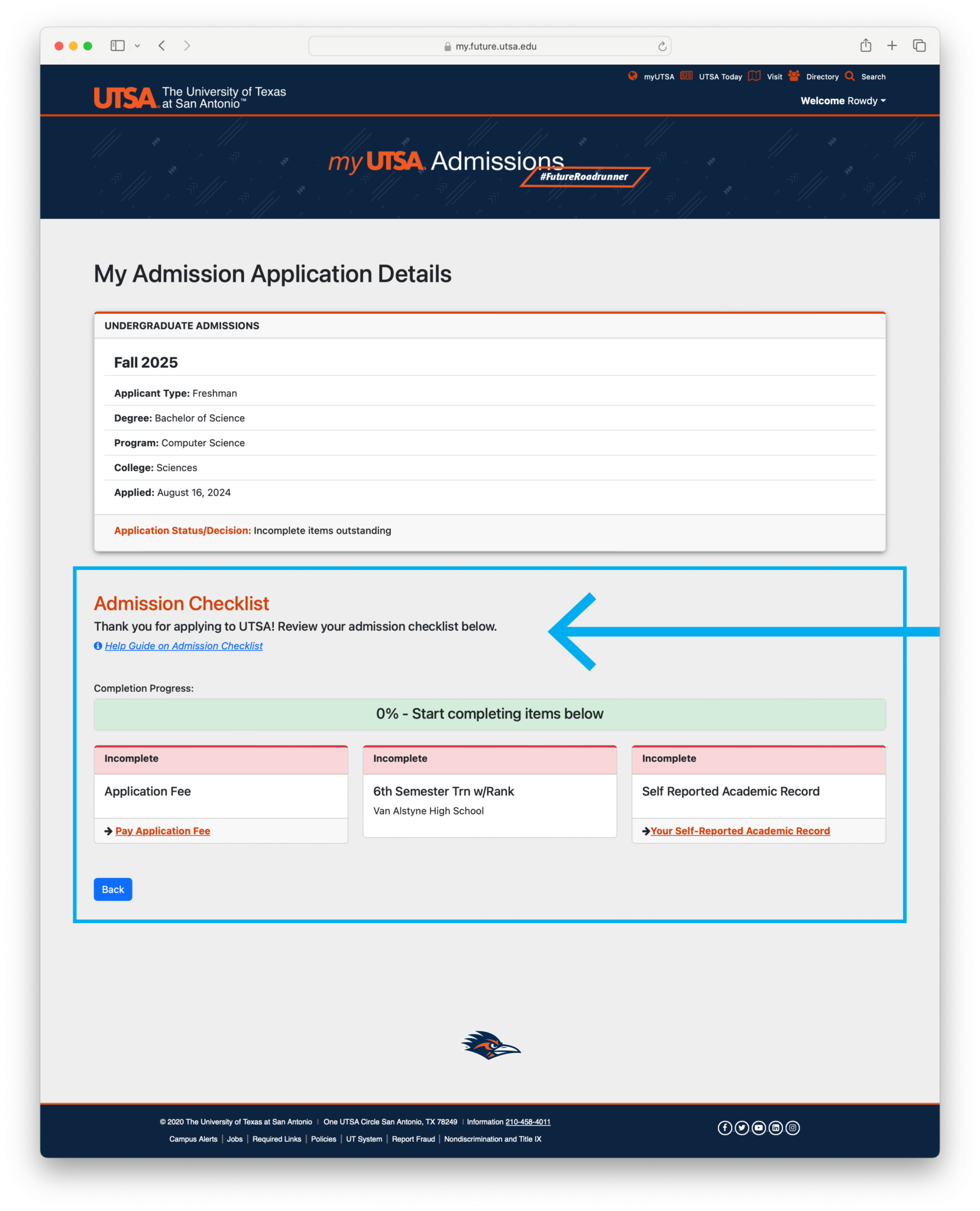 Screenshot of myUTSA Admissions checklist