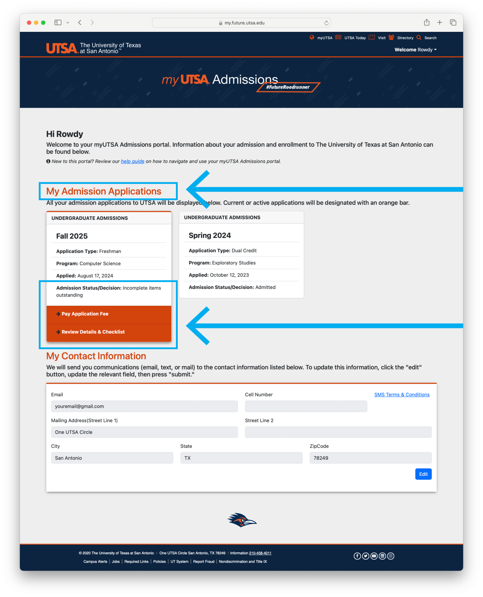 Screenshot of myUTSA Admissions